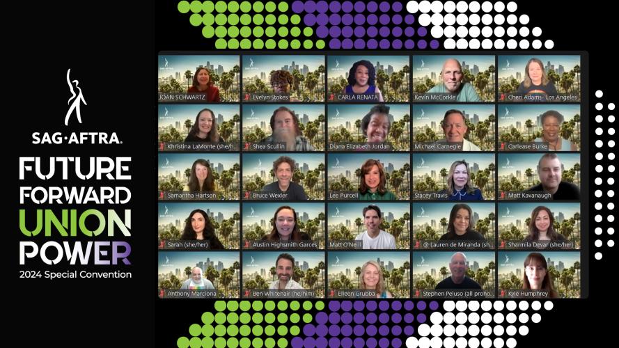 A screengrab of 25 smiling individuals against a backdrop with a green, purple and white chevron. The SAG-AFTRA logo and text on the left reads “Future Forward Union Power 2024 Special Convention.” “Union Power” has a green, white and purple color gradient.