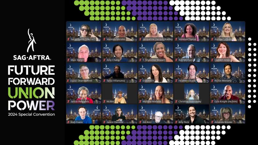 A screengrab of 25 smiling individuals against a backdrop with a green, purple and white chevron. The SAG-AFTRA logo and text on the left reads “Future Forward Union Power 2024 Special Convention.” “Union Power” has a green, white and purple color gradient.
