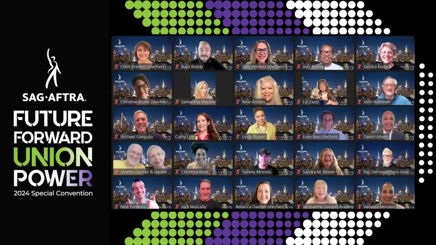 A screengrab of 26 smiling individuals against a backdrop with a green, purple and white chevron. One square shows two individuals, a man and a woman. The SAG-AFTRA logo and text on the left reads “Future Forward Union Power 2024 Special Convention.” “Union Power” has a green, white and purple color gradient.