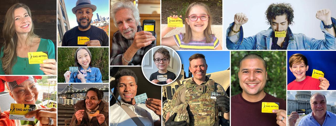 A collage of SAG-AFTRA members of various ages and ethnicities holding different versions of the SAG-AFTRA membership card. Each photo is framed by a white border.